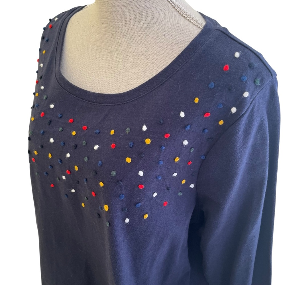 CJ Banks Navy Blue Cotton Scoop Neck Tee with Multi-Color Embroidered Dots - Picture 3 of 9